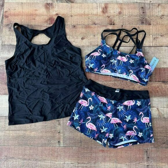 Yonique Black and blue flamingo print 3 piece swim suit top shorts bra L - Picture 1 of 9